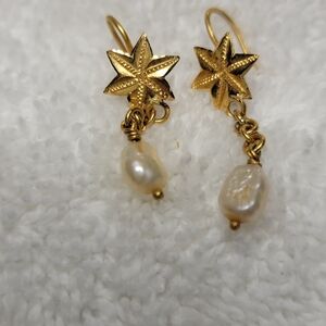 Gold-tone Star Genuine Freshwater Pearl Drop Earrings